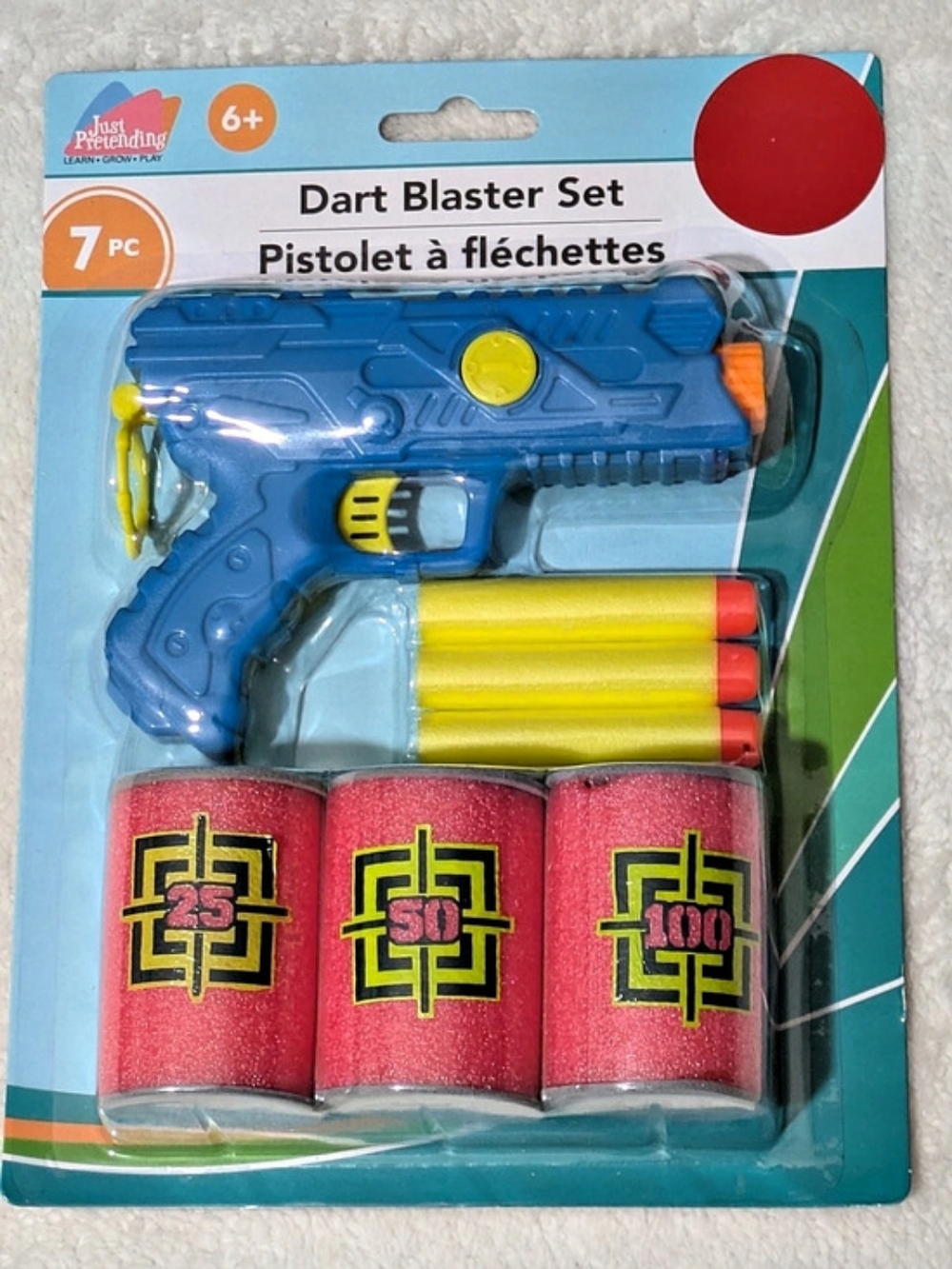 Just Pretending 7-Piece Dart Blaster Set –Blue Toy Pistol with 3 Targets & Darts